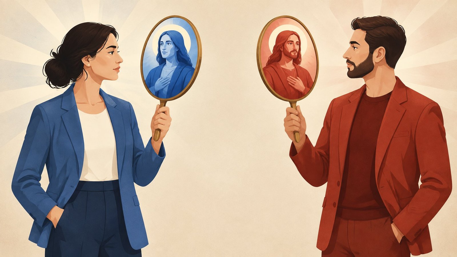 Two people in blue and red hold mirrors that each show a haloed robed figure tinted in their own colour.