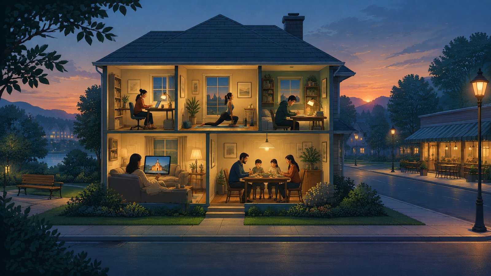 Illustration of a cutaway house with people working, exercising and eating inside while the streets and cafe outside sit empty.
