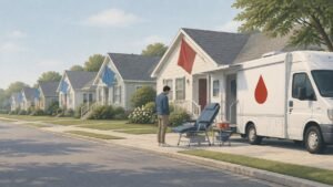 A man standing alone by an empty blood donation chair on a street where his house’s flag differs from the rest.