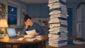 Illustration of a tired person at a kitchen table beside a towering stack of blank tax forms.