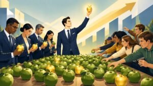 An analyst holding up a single golden apple above a table of ordinary ones as investors reach for it.