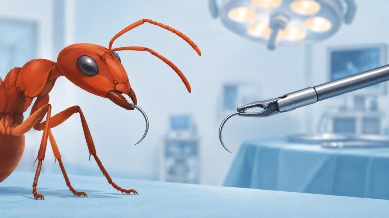 A red wood ant holding a curved surgical needle in its jaws next to a slim surgical needle holder.