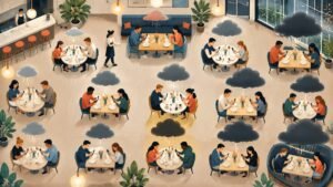 Illustration of restaurant diners typing on their phones while small storm clouds of worry gather above their tables.