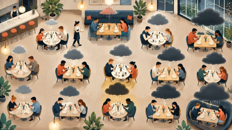 Illustration of restaurant diners typing on their phones while small storm clouds of worry gather above their tables.
