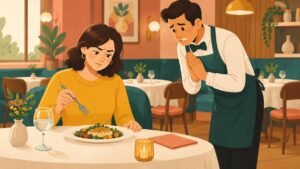 Illustration of a waiter apologising to a contented diner whose expression turns suspicious.