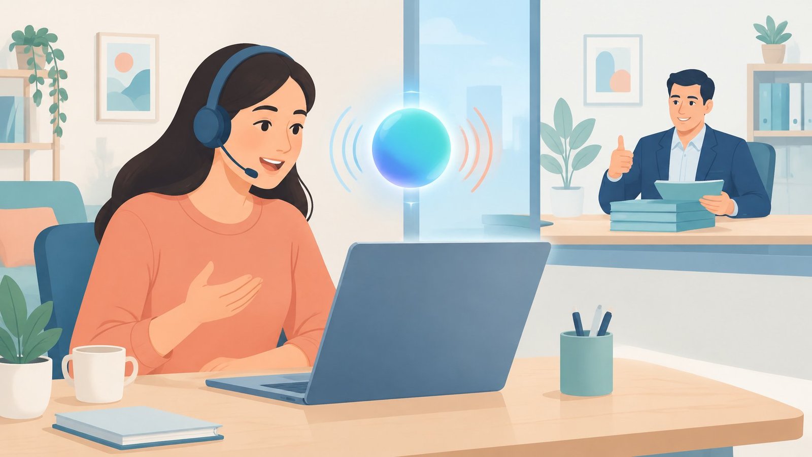 Illustration of a job applicant speaking with a glowing AI voice orb while a human recruiter reviews files in the background.