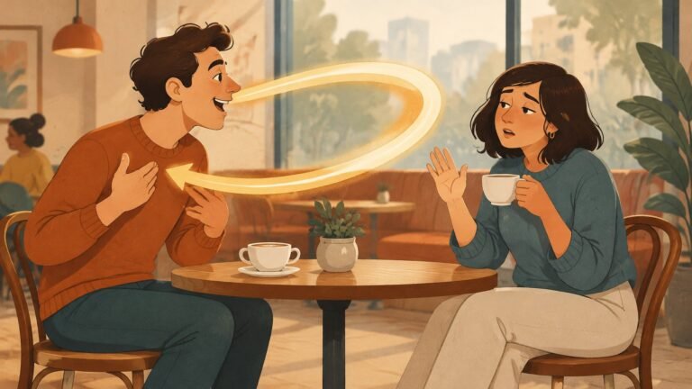 A person at a cafe table talks about themselves as a boomerang arcs back to them while their companion looks ignored.