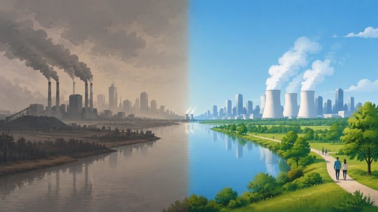 A split landscape contrasting a smoggy coal-powered city with a clean city powered by nuclear cooling towers.