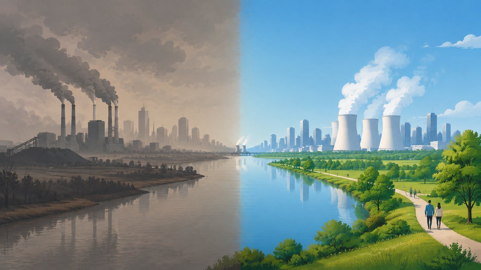 A split landscape contrasting a smoggy coal-powered city with a clean city powered by nuclear cooling towers.