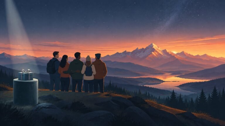 People gaze together at a vast mountain landscape while an exclusive gift box on a pedestal sits ignored.