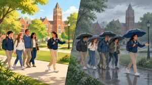 Illustration of a campus tour in sunshine on one side and in rain on the other, with visitors looking happier in the sun.