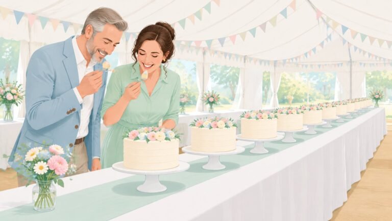 Two judges taste the first of a row of identical cakes on a long table inside a white baking tent.