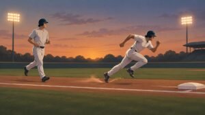 Illustration of one baseball player jogging and another sprinting toward first base.
