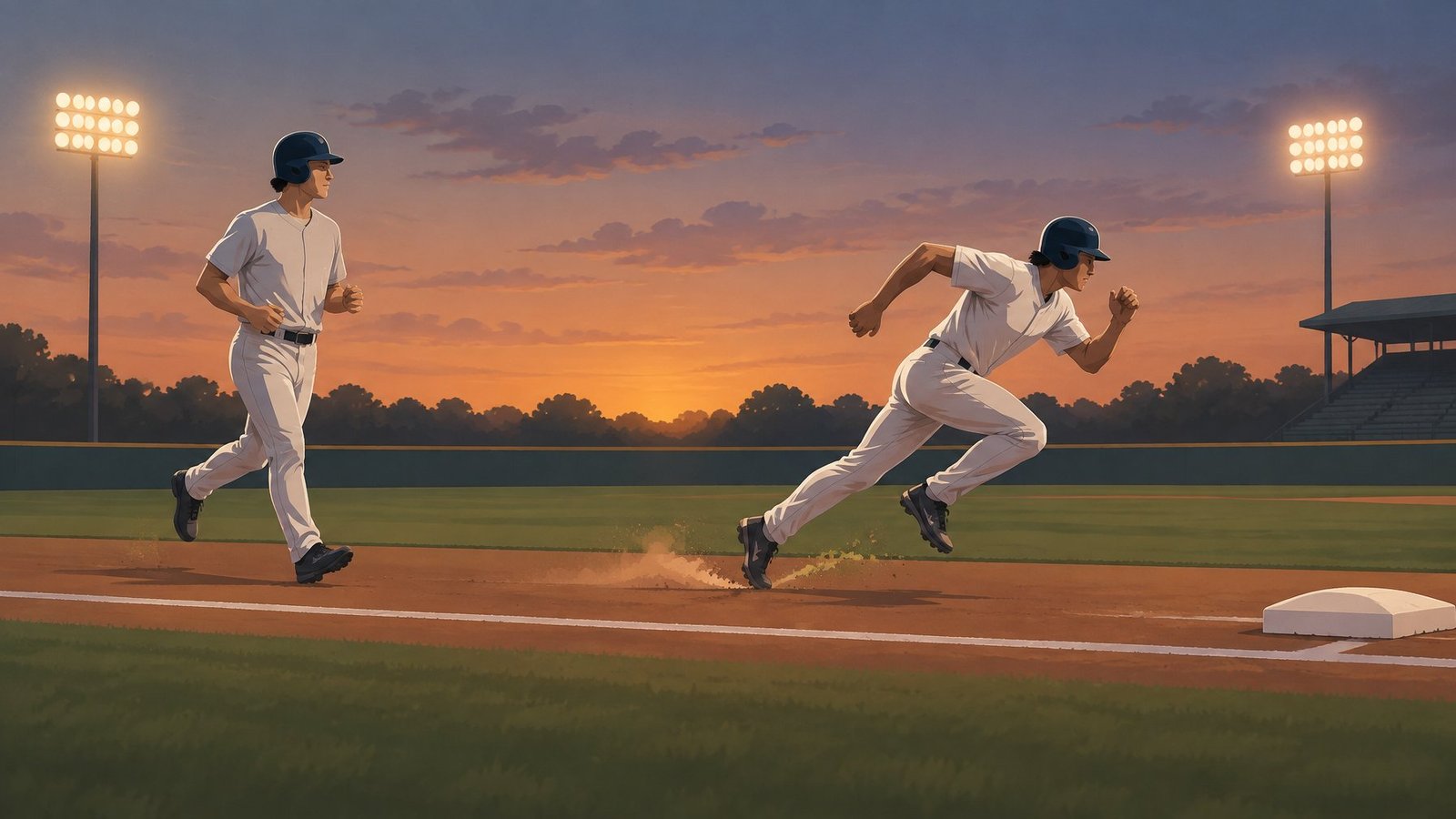 Illustration of one baseball player jogging and another sprinting toward first base.