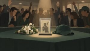 Illustration of a vintage baseball card on display beside flowers as eager buyers lean in.
