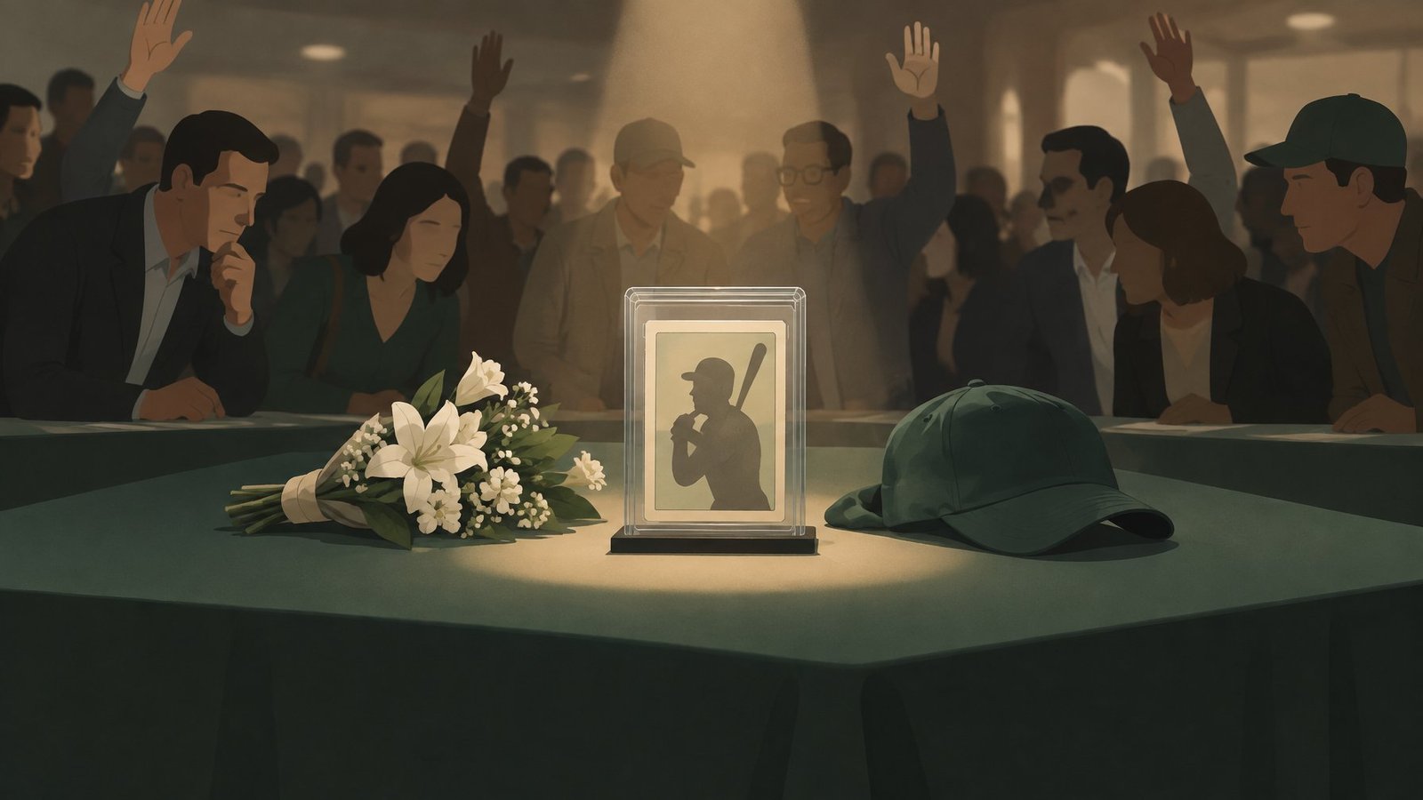 Illustration of a vintage baseball card on display beside flowers as eager buyers lean in.