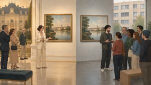 Illustration of gallery visitors favouring a modest artist over a wealthy one showing similar paintings.