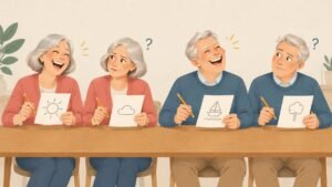 Pairs of older twins at a table writing cartoon captions, one twin in each pair laughing while the other looks puzzled.