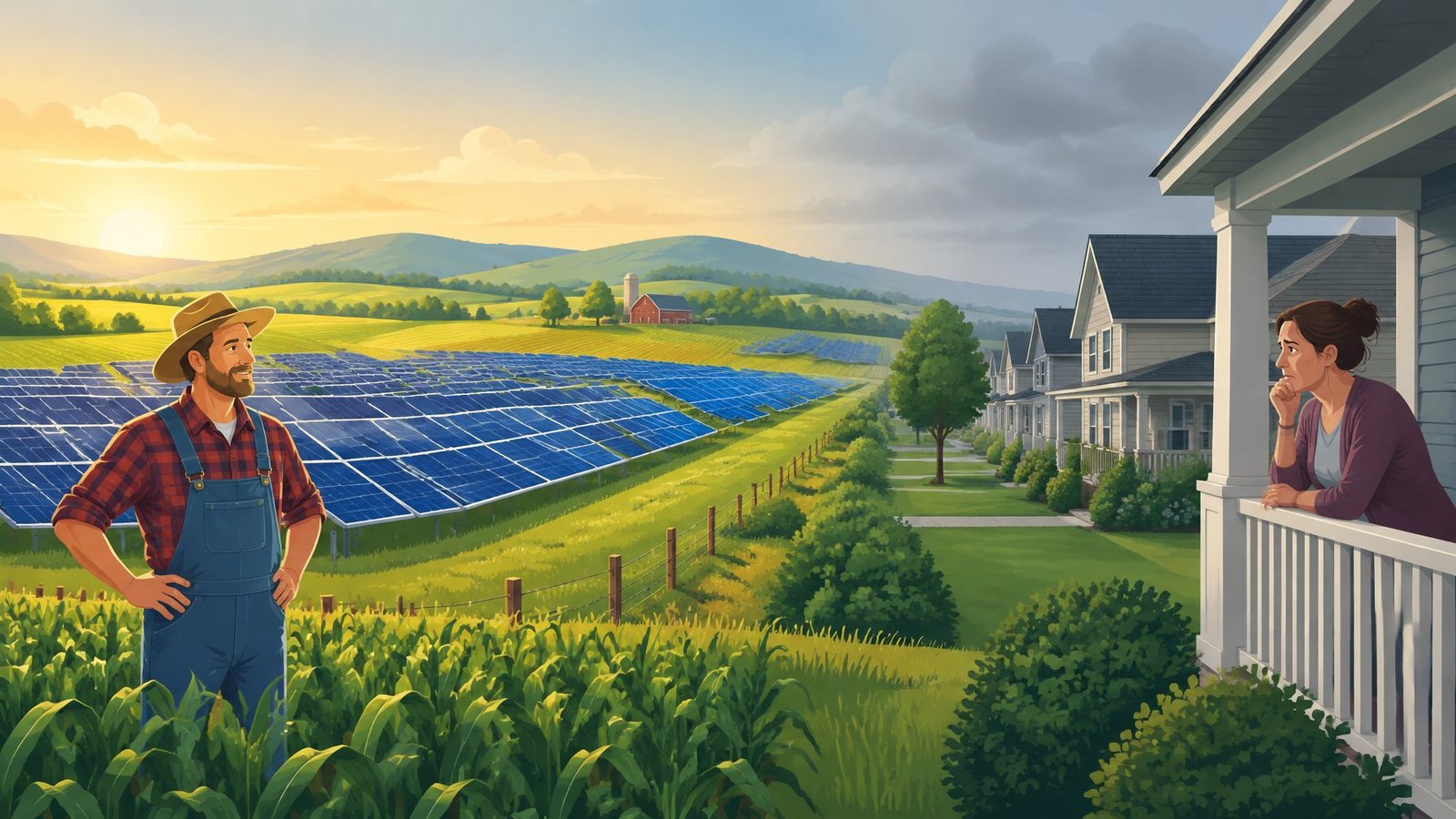 Illustration of a solar farm next to sunny farmland on one side and houses under a grey sky on the other.