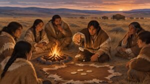 Ice Age hunters on the Great Plains gather around a fire as one throws small marked bone dice onto a hide.