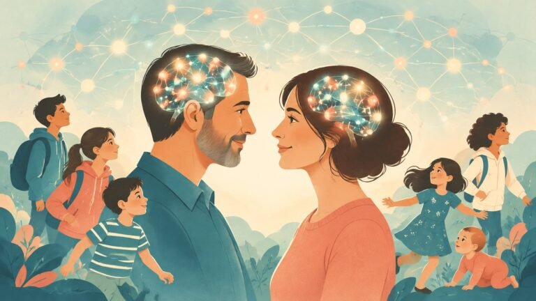 Illustration of a mother and father with glowing brain networks surrounded by their children.