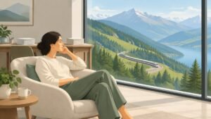 Illustration of a worker on a relaxed break looking at mountains, with her work split into two separate piles behind her.