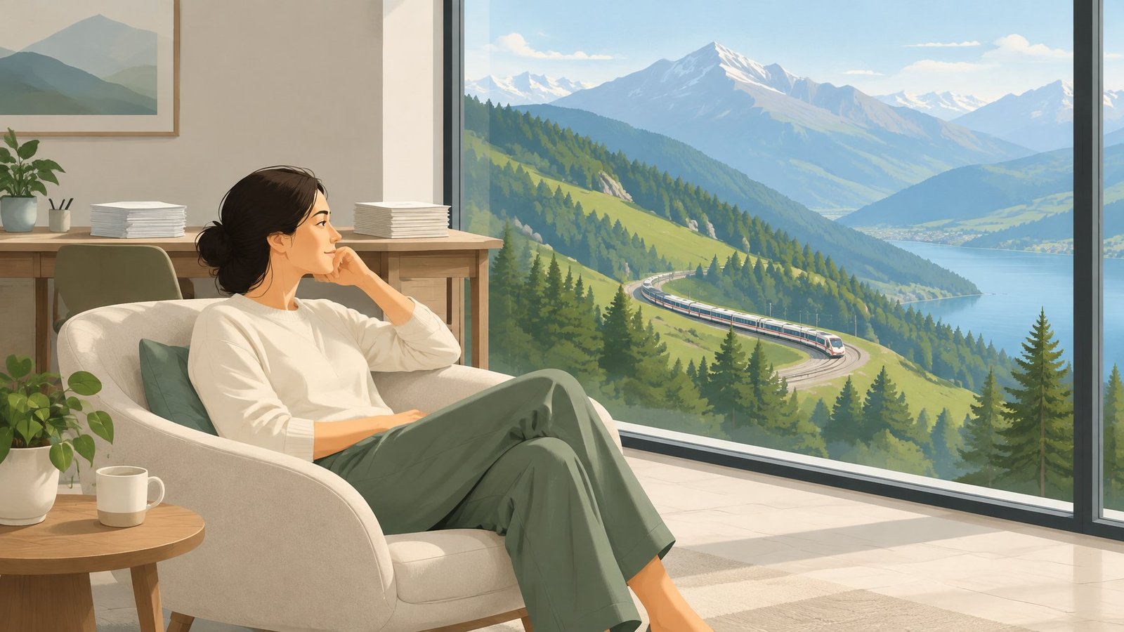 Illustration of a worker on a relaxed break looking at mountains, with her work split into two separate piles behind her.
