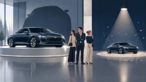 The same luxury car shown twice in a showroom, once looking imposing and once looking small and casual, as shoppers compare them.