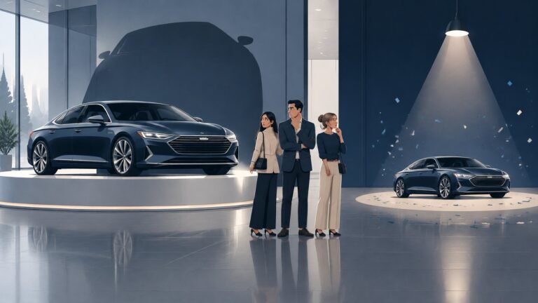 The same luxury car shown twice in a showroom, once looking imposing and once looking small and casual, as shoppers compare them.