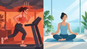 Illustration contrasting an angry jogger on a treadmill with a calm person meditating.