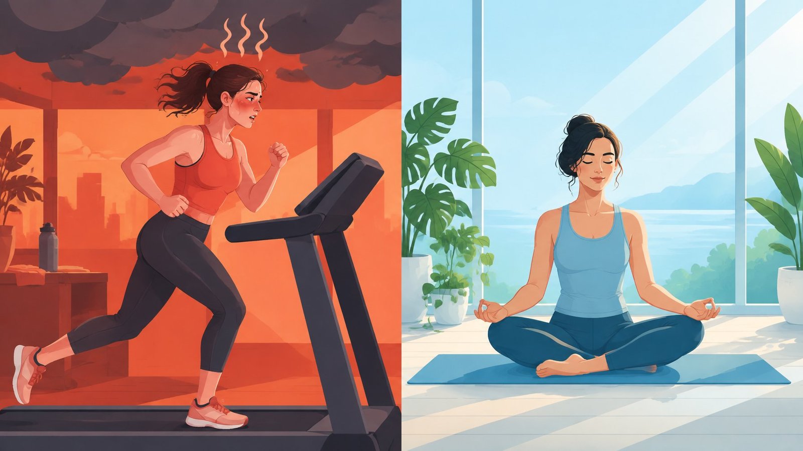 Illustration contrasting an angry jogger on a treadmill with a calm person meditating.