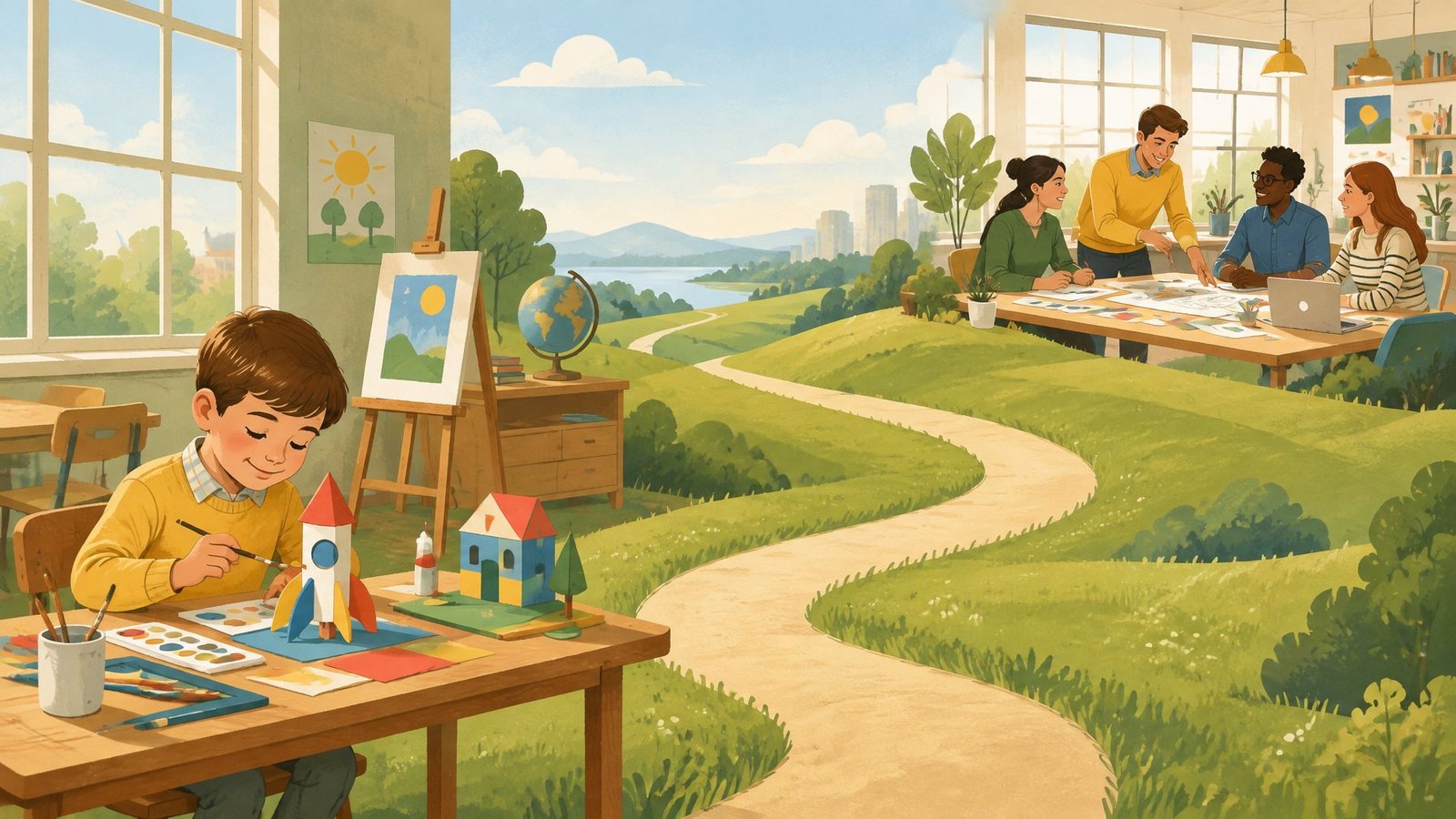 A path leads from a creative child building and painting in a classroom to the same person as a confident adult leading a team.