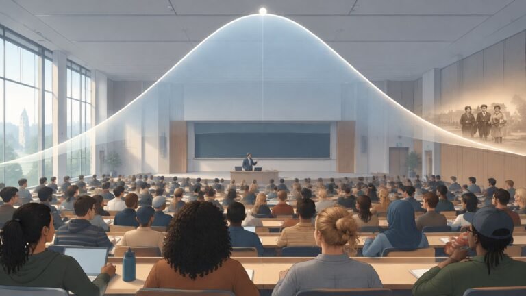 Illustration of a crowded lecture hall under a giant bell curve with a marker near its center.