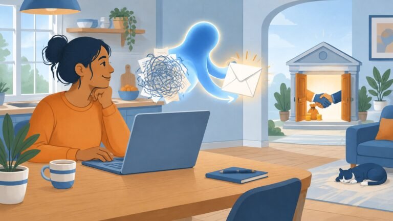 Illustration of a person using an AI assistant on a laptop to tidy a complaint letter while a small bank offers a payout.