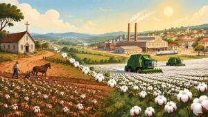 A rural Brazilian region shown changing from cotton fields and a small chapel to textile mills and mechanized farms.