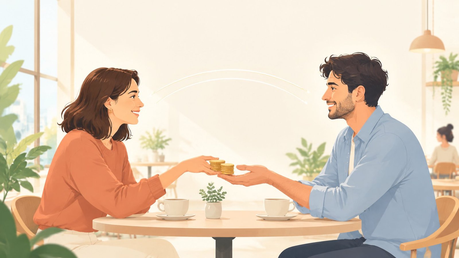 Illustration of two people mirroring each other's smile while one slides golden tokens to the other.