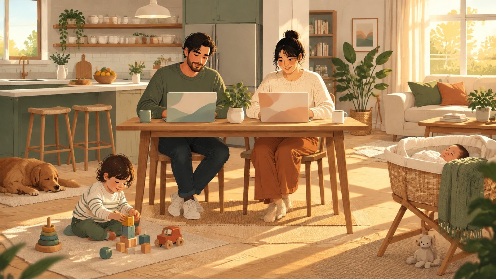 Illustration of two parents working on laptops at home while their young children play nearby.