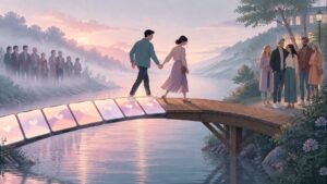 Illustration of a couple on a bridge of phone screens with family far away, beside a couple surrounded by friends.