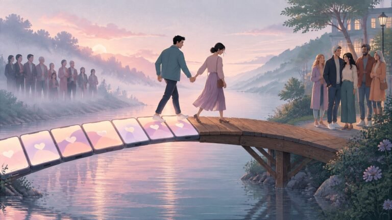 Illustration of a couple on a bridge of phone screens with family far away, beside a couple surrounded by friends.