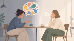 At a cafe table, one friend speaks in a large lively speech bubble while the other replies with a tiny empty bubble, leaving the first looking deflated.
