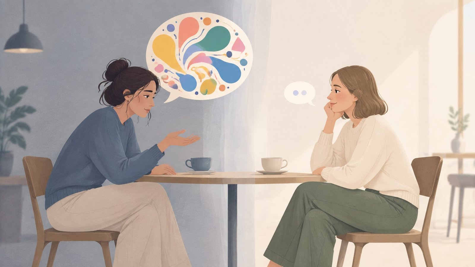 At a cafe table, one friend speaks in a large lively speech bubble while the other replies with a tiny empty bubble, leaving the first looking deflated.
