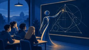 An abstract AI figure adding a point to a geometry diagram of triangles and circles on a chalkboard.