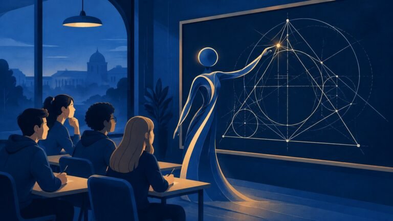 An abstract AI figure adding a point to a geometry diagram of triangles and circles on a chalkboard.