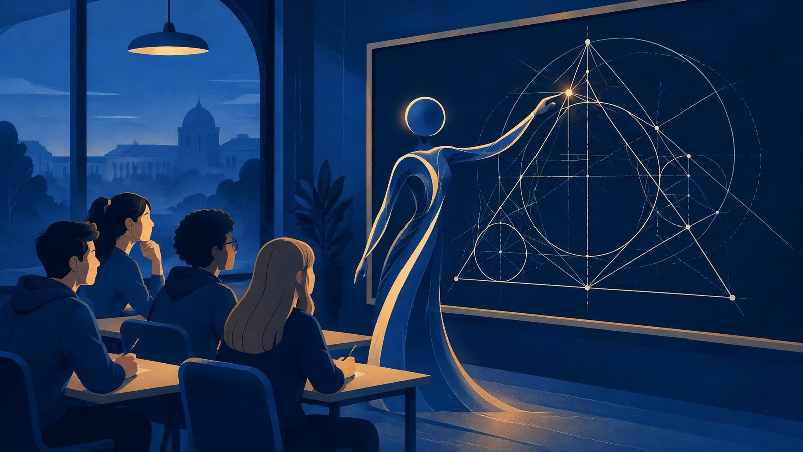An abstract AI figure adding a point to a geometry diagram of triangles and circles on a chalkboard.