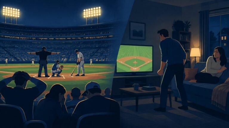 Illustration of an umpire making a call in a night baseball game beside a tense living room where a frustrated fan stands in front of the television.