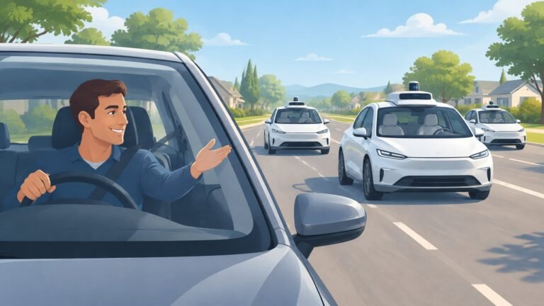 A confident driver holds the wheel of his car while pointing at driverless cars around him.
