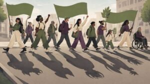 Illustration of climate protesters marching while their shadows take on darker, sharper shapes behind them.