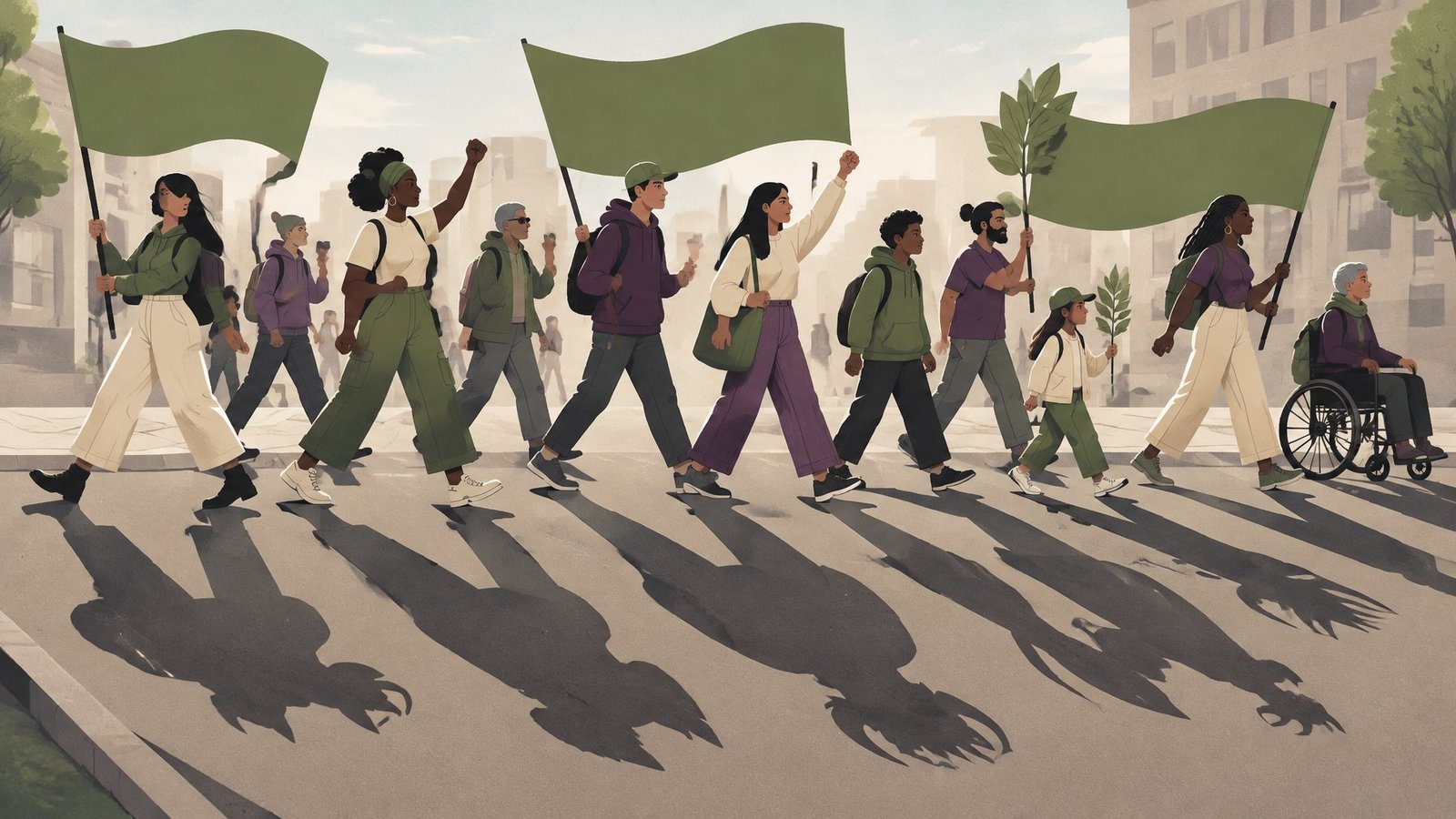 Illustration of climate protesters marching while their shadows take on darker, sharper shapes behind them.