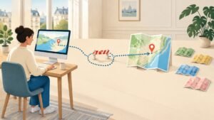 Illustration of a person at a laptop taking a short detour around a small barrier, only to arrive back at the same familiar map.