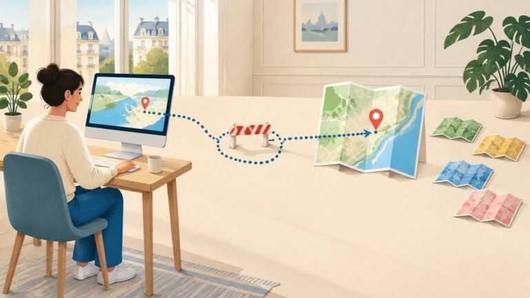 Illustration of a person at a laptop taking a short detour around a small barrier, only to arrive back at the same familiar map.